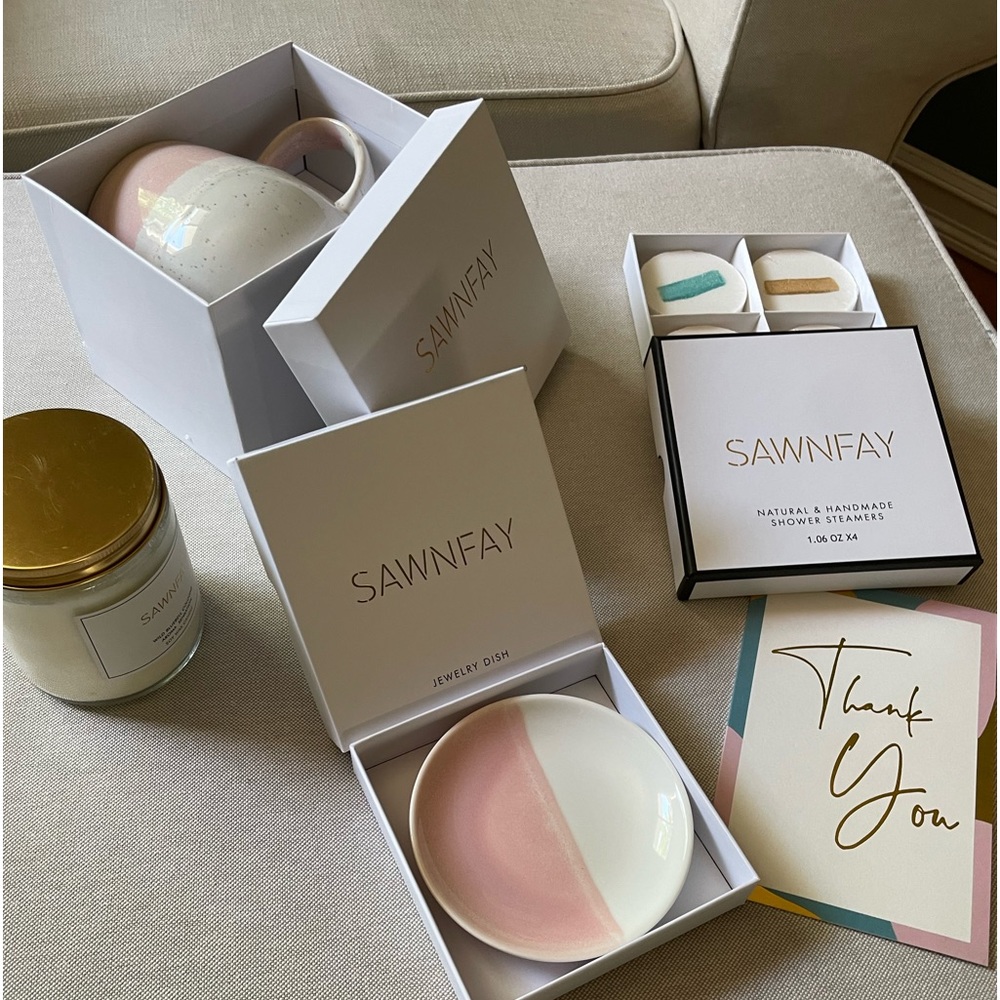 Gift Box. Thank you gifts. New. Candle, mug, shower steamers, jewelry dish.